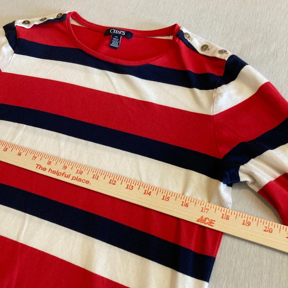 Chaps Top Womens Large Red White Navy Blue‎ Striped Button Shoulder L/S Blouse